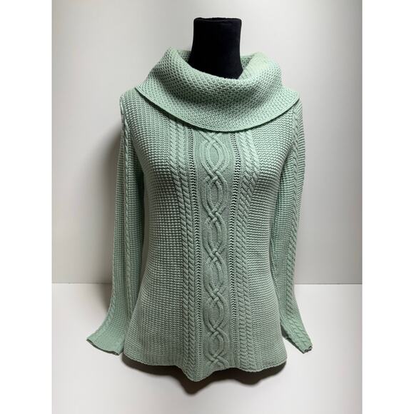 Cottage Corr Women’s Braided Cable Knit Teal Sweater Cowl Neck Sz Small - Picture 1 of 7